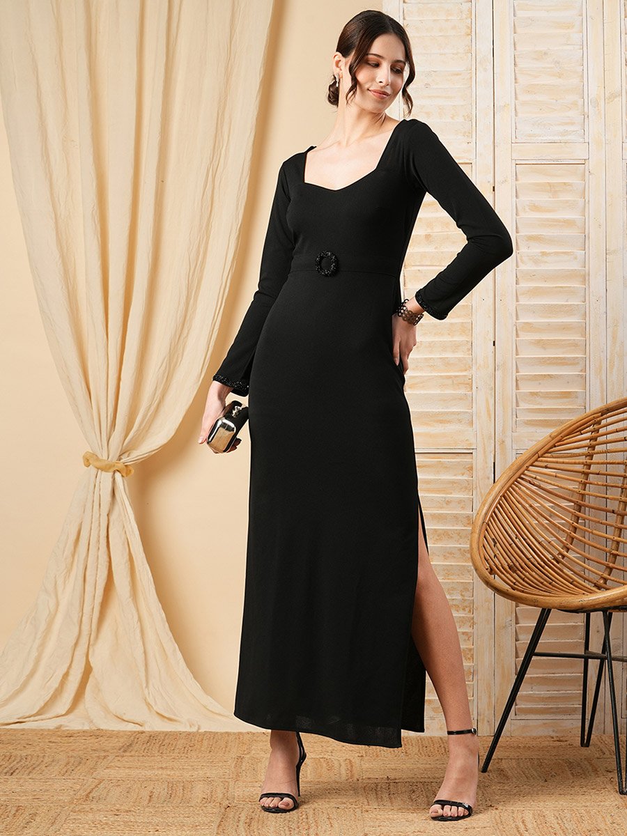 knee length dresses for ladies Satin Wrap Maxi Dress with Slit