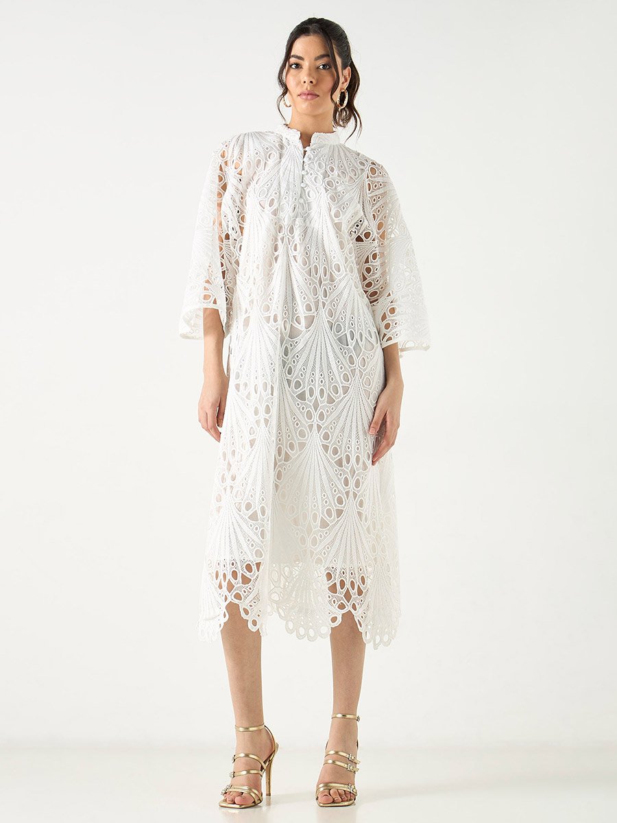 Lace Detail Mandarin Collar Dress with 3/4 Sleeves For Women at Saudi |  Styli