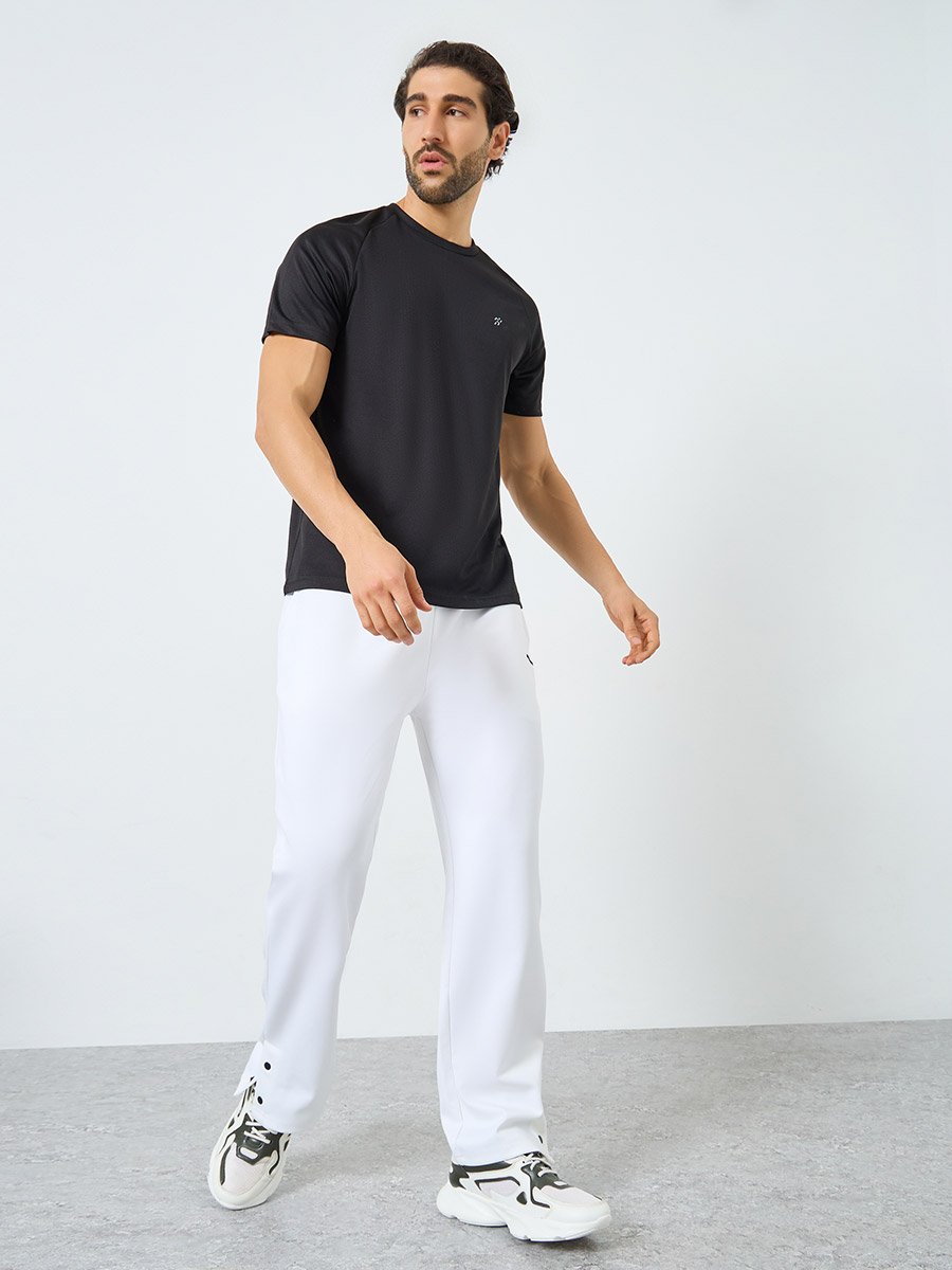 Relaxed Fit Open Hem Scuba Pants With Bottom Snap Detail