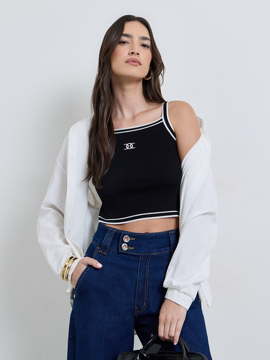 Black Square Neck Crop Tank with Contrast Binding