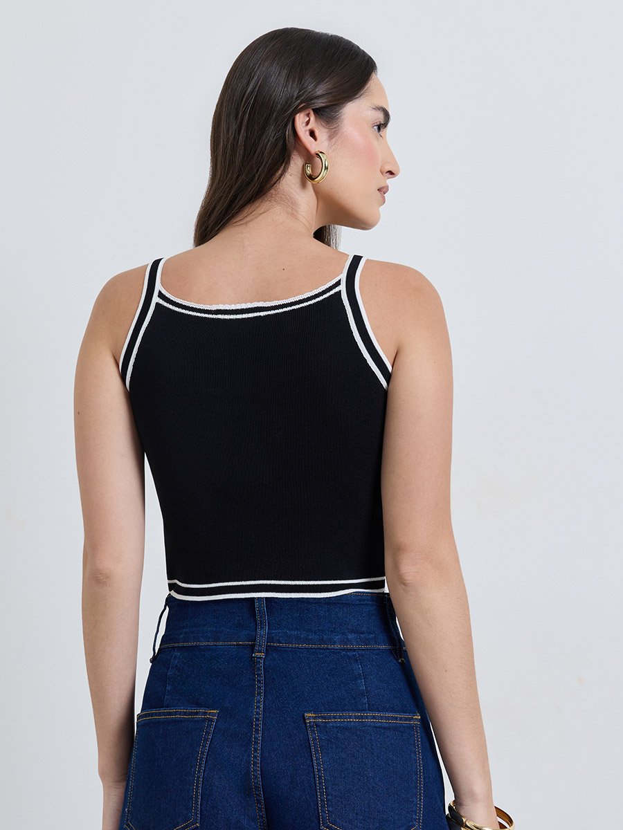Black Square Neck Crop Tank with Contrast Binding