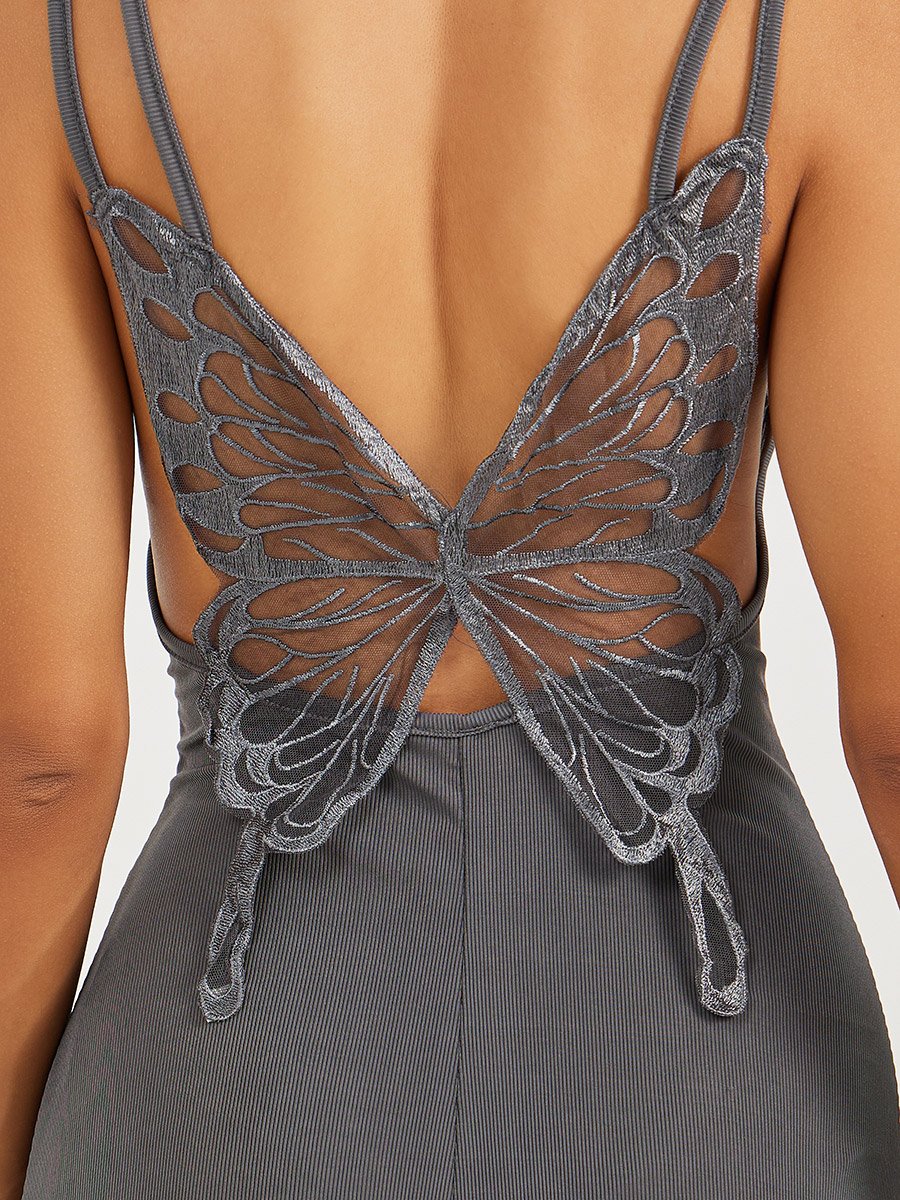 Lace Butterfly Back Detail Ribbed Slip Dress For Women at Saudi | Styli Lace Butterfly Back Detail Ribbed Slip Dress For Women at Saudi | Styli