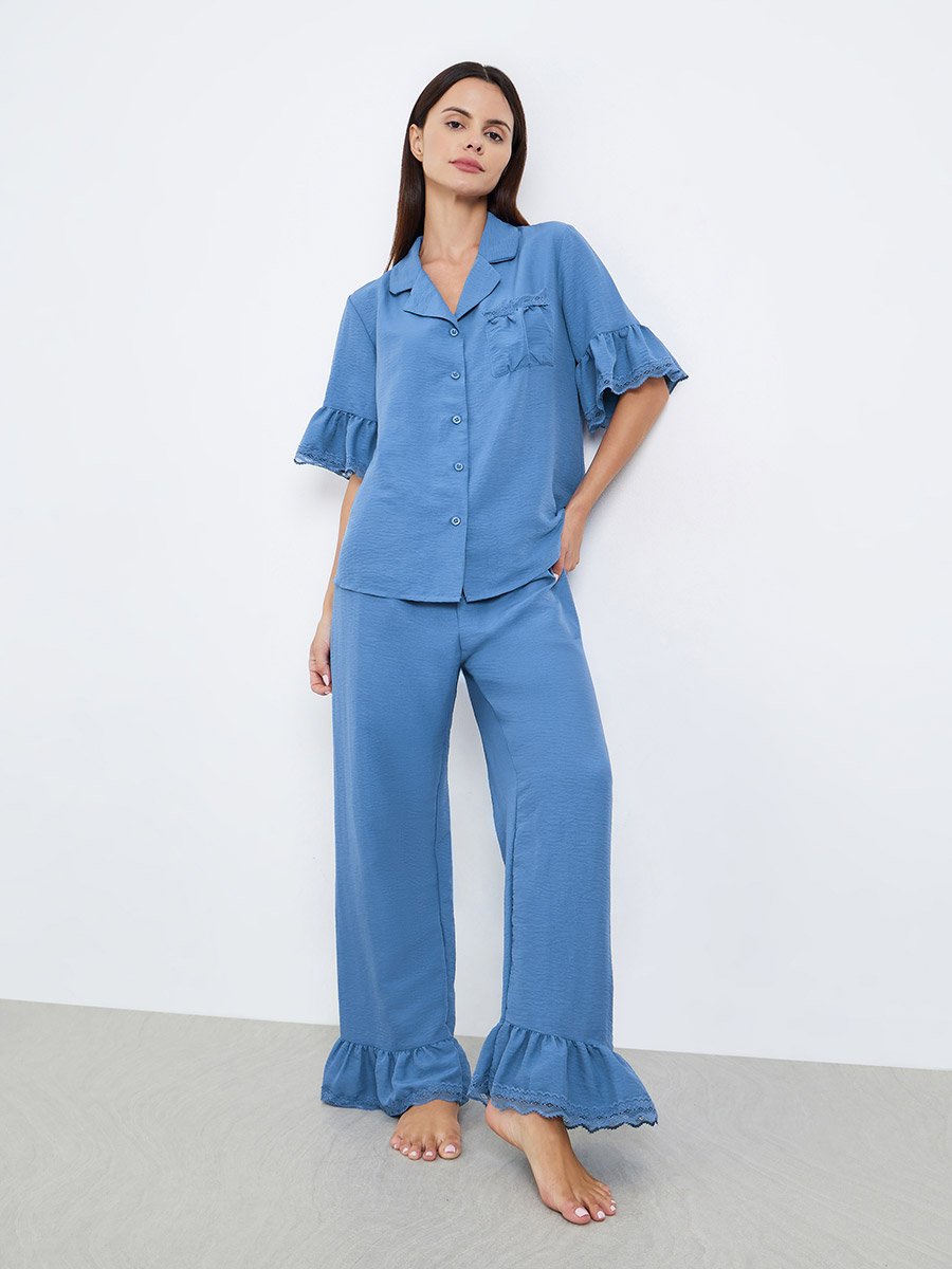Textured Ruffled Hem Lace Detail Shirt and Pyjama Set