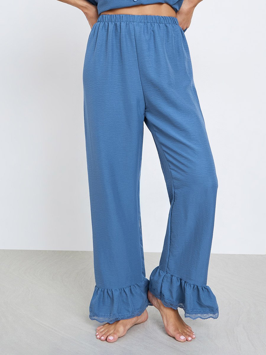 Textured Ruffled Hem Lace Detail Shirt and Pyjama Set