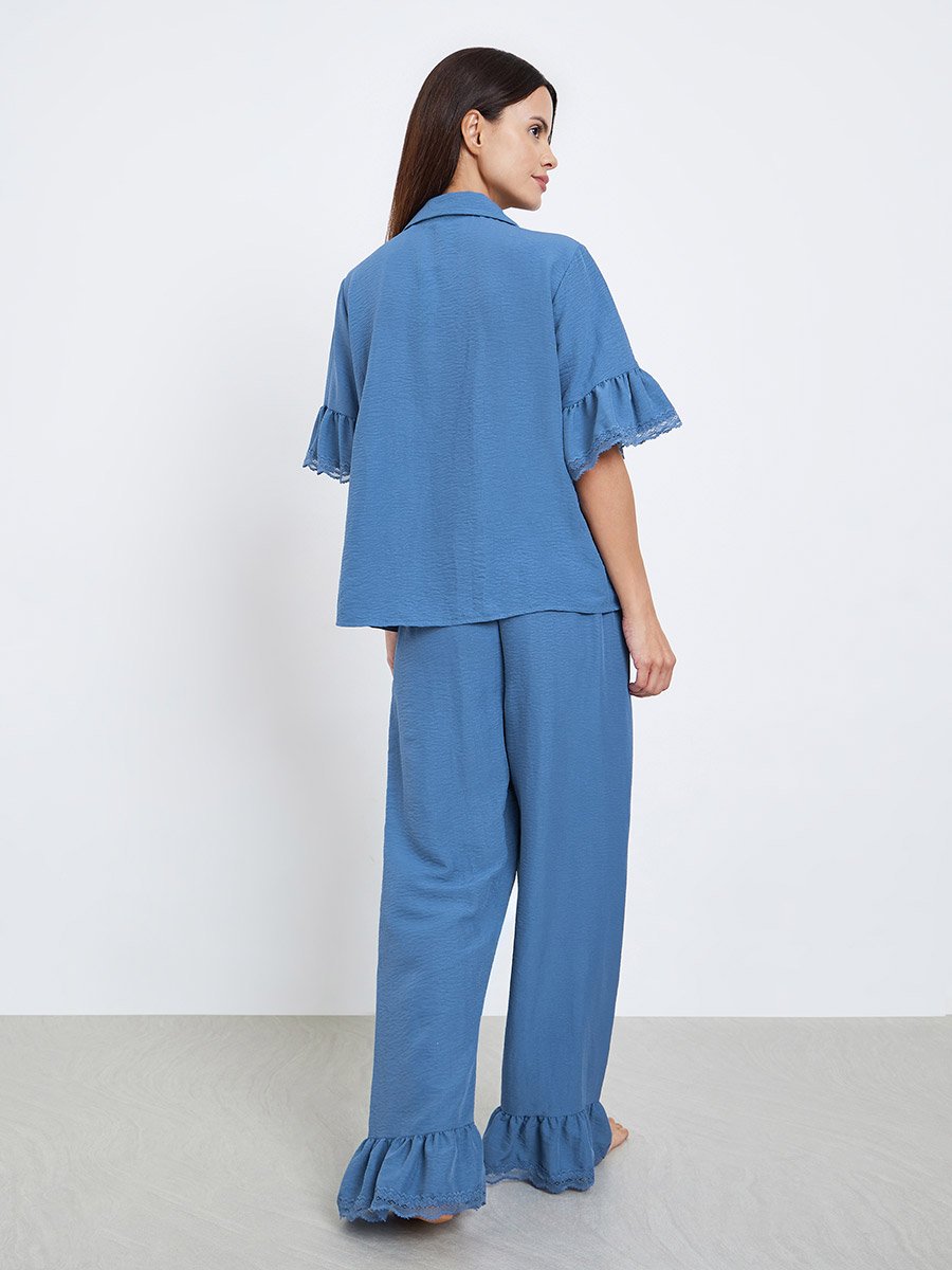 Textured Ruffled Hem Lace Detail Shirt and Pyjama Set