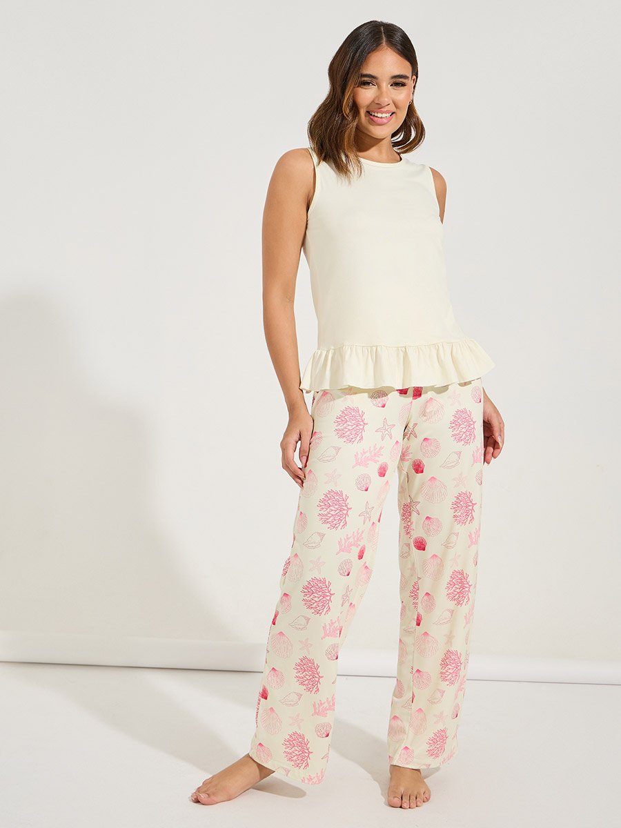 Ruffle Hem T-Shirt and Shell Print Pyjama Set