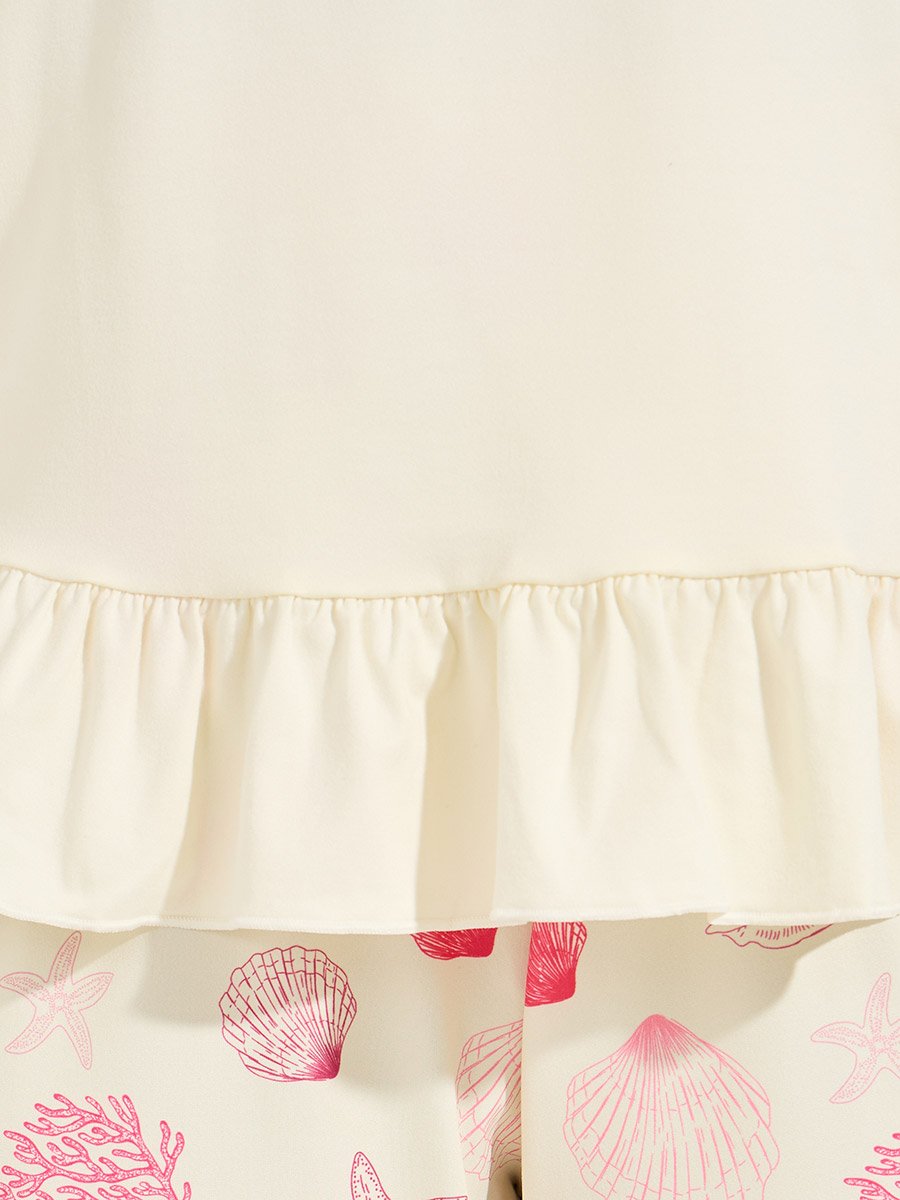 Ruffle Hem T-Shirt and Shell Print Pyjama Set