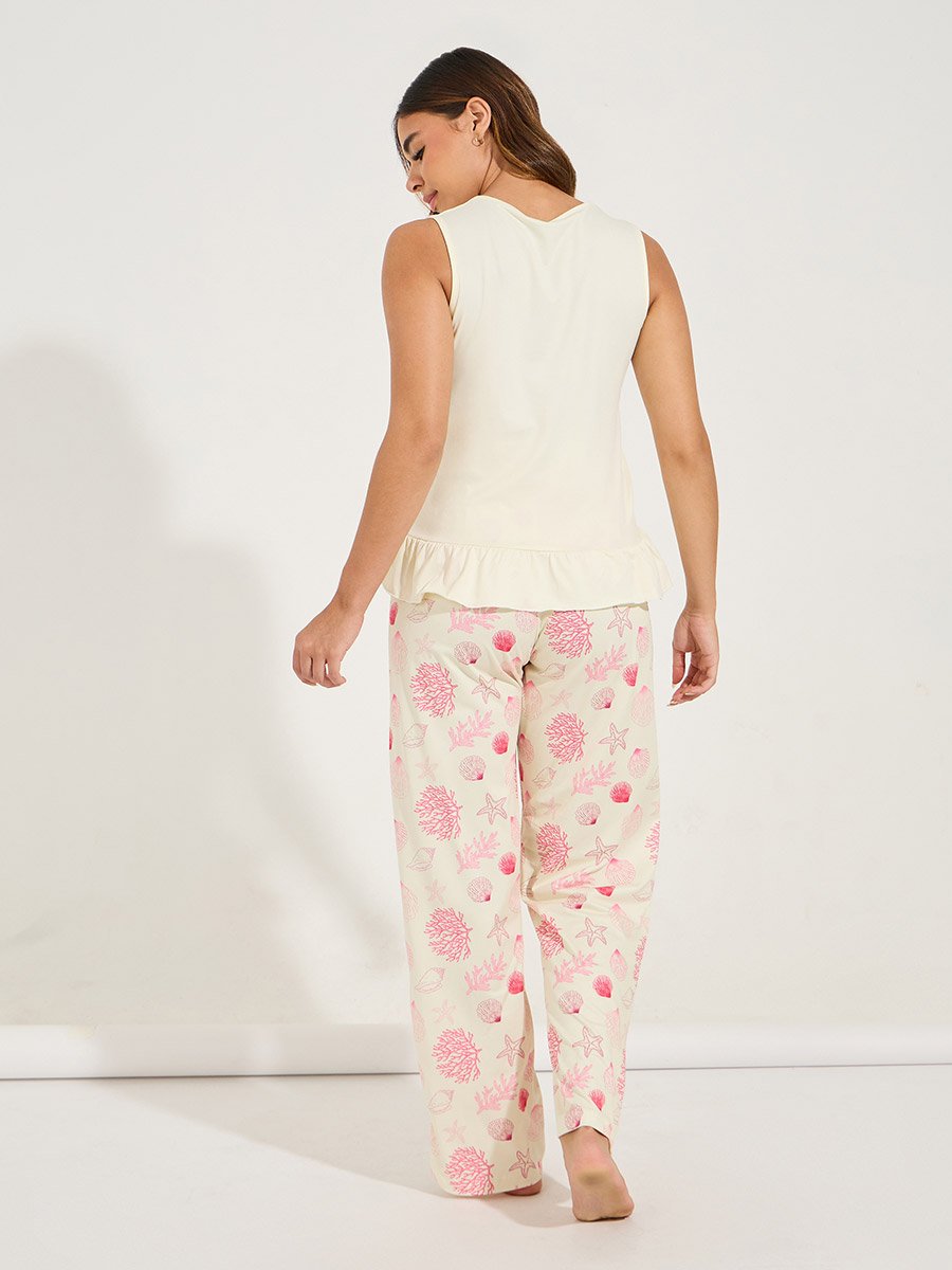 Ruffle Hem T-Shirt and Shell Print Pyjama Set