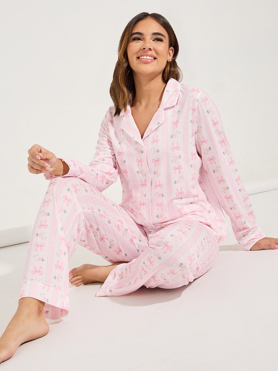 Linear Bow Print Long Sleeve Shirt and Pyjama Set