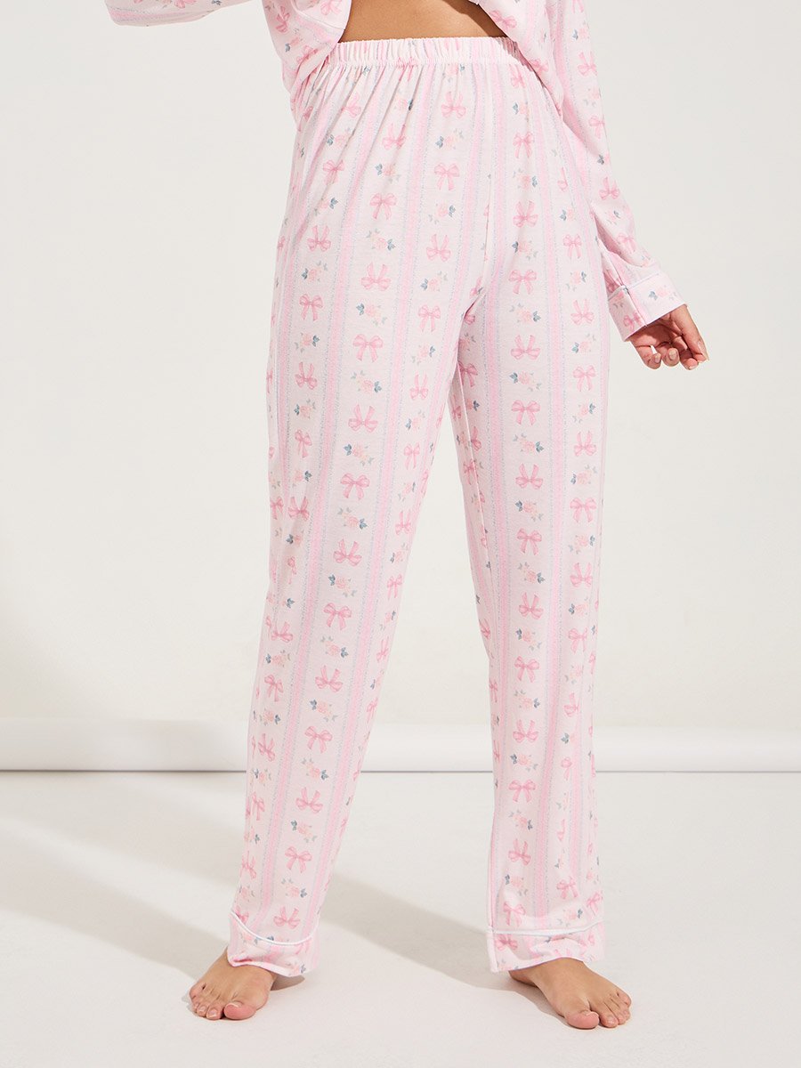 Linear Bow Print Long Sleeve Shirt and Pyjama Set