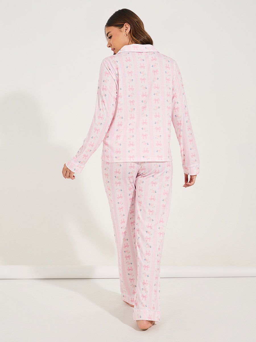 Linear Bow Print Long Sleeve Shirt and Pyjama Set