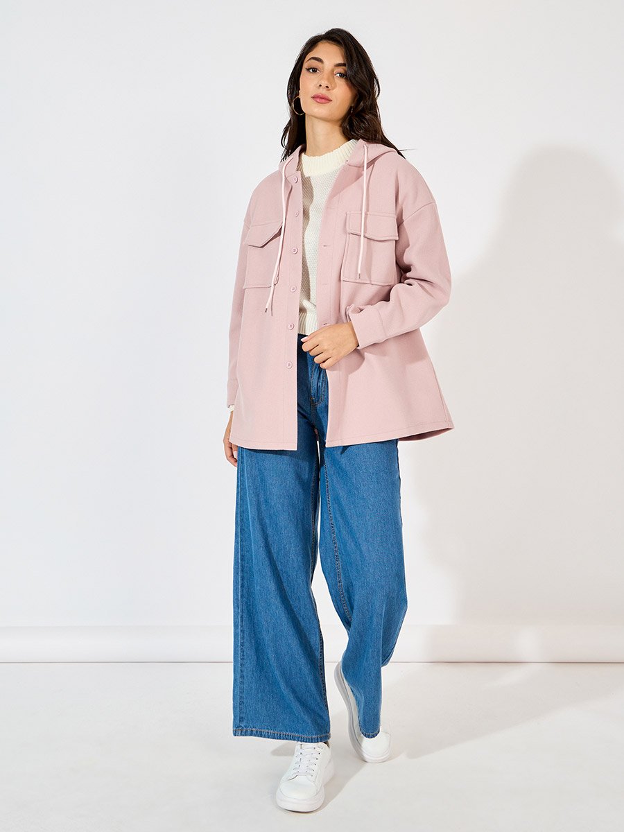 Oversized Longline Wool Like Shacket with Hood