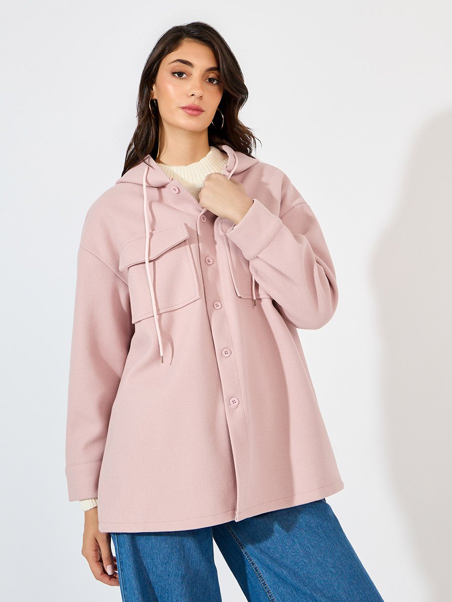 Oversized Longline Wool Like Shacket with Hood