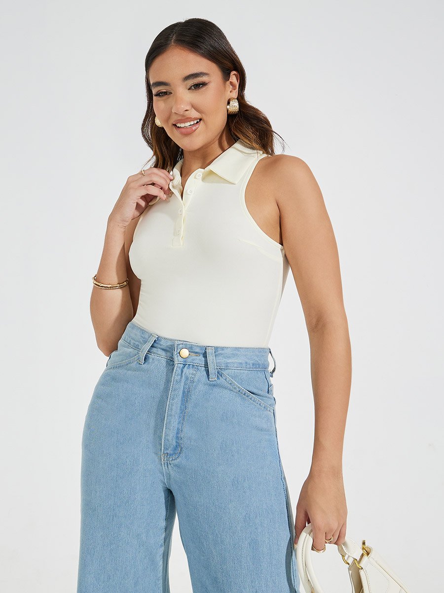 Solid Sleeveless Knit Collared Bodysuit