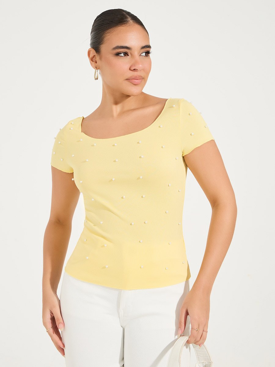 Rib Knit Wide Neck Top with Pearl Embellished Detail