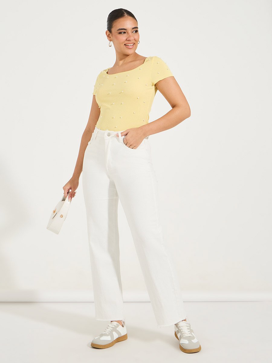 Rib Knit Wide Neck Top with Pearl Embellished Detail