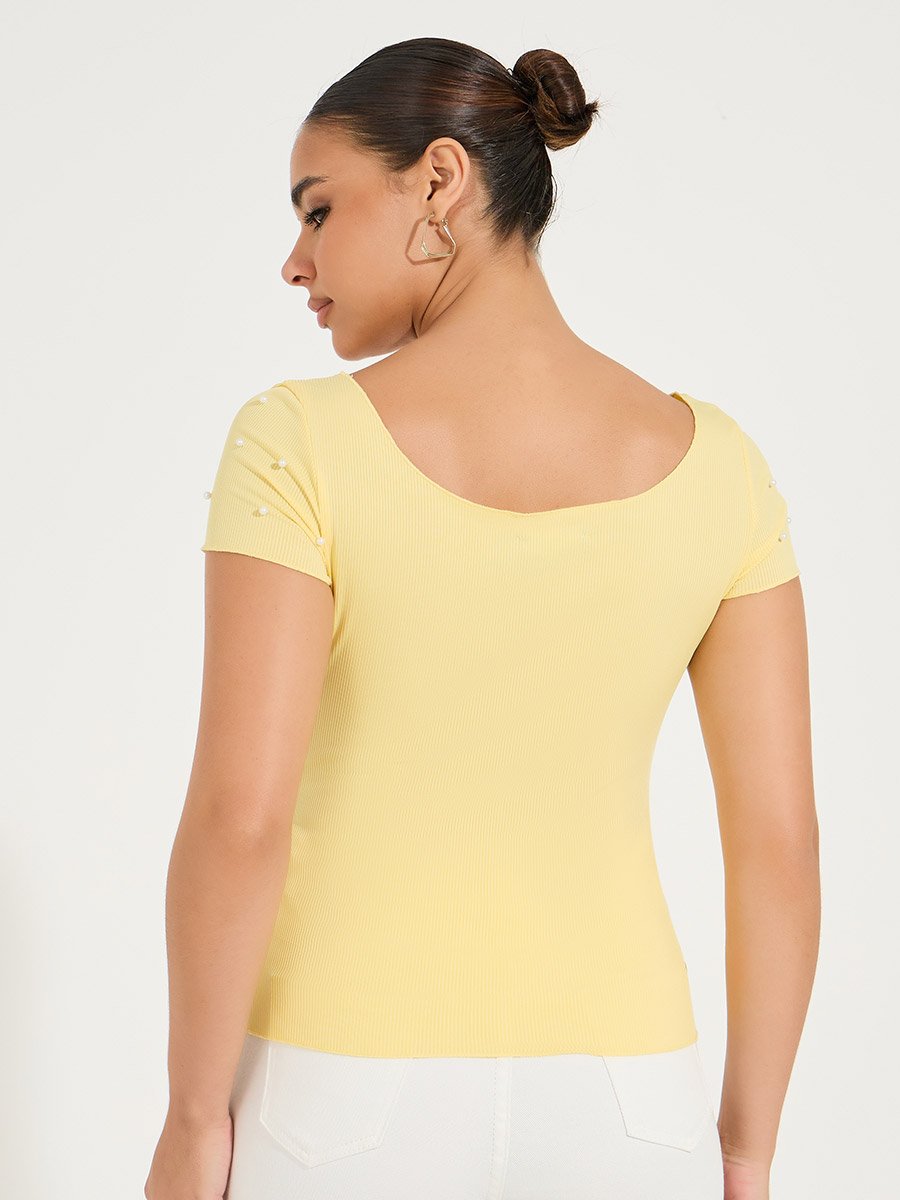 Rib Knit Wide Neck Top with Pearl Embellished Detail