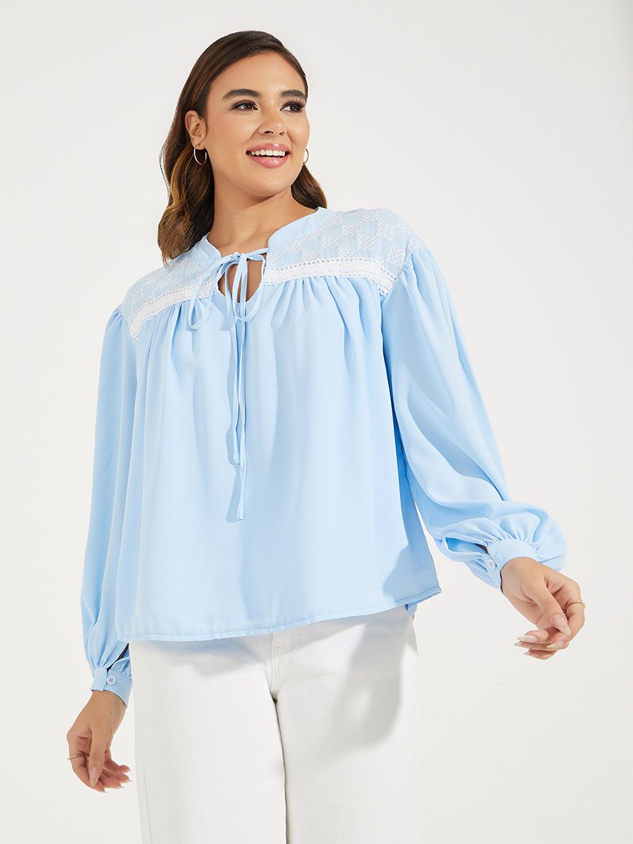 Embroidery Detail Tie-Up Neck Blouse