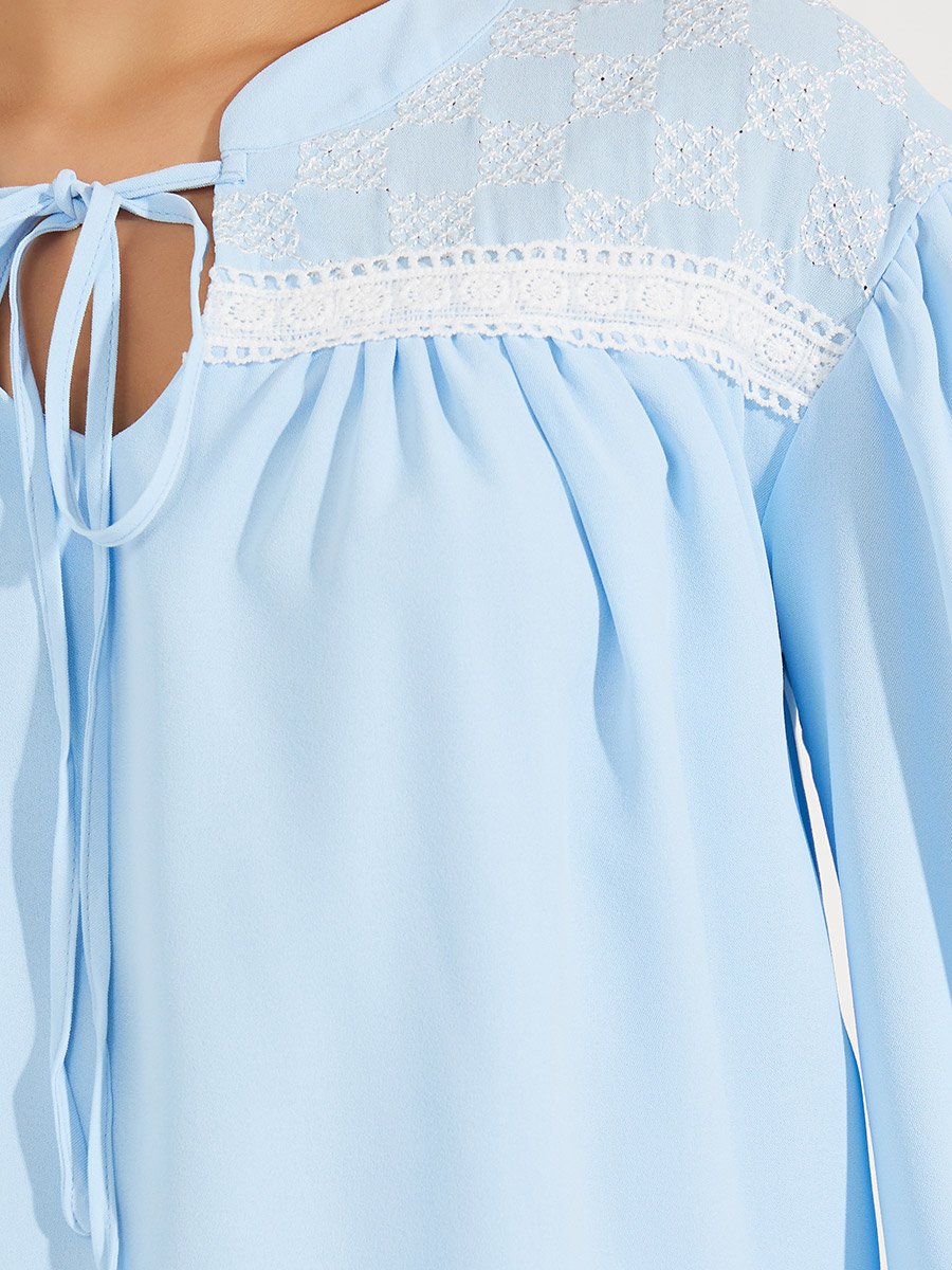 Embroidery Detail Tie-Up Neck Blouse
