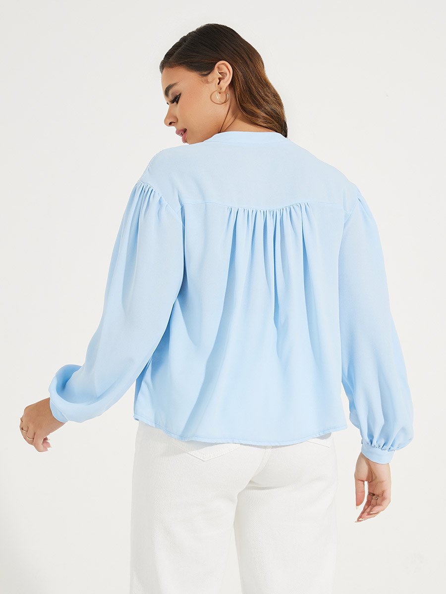 Embroidery Detail Tie-Up Neck Blouse