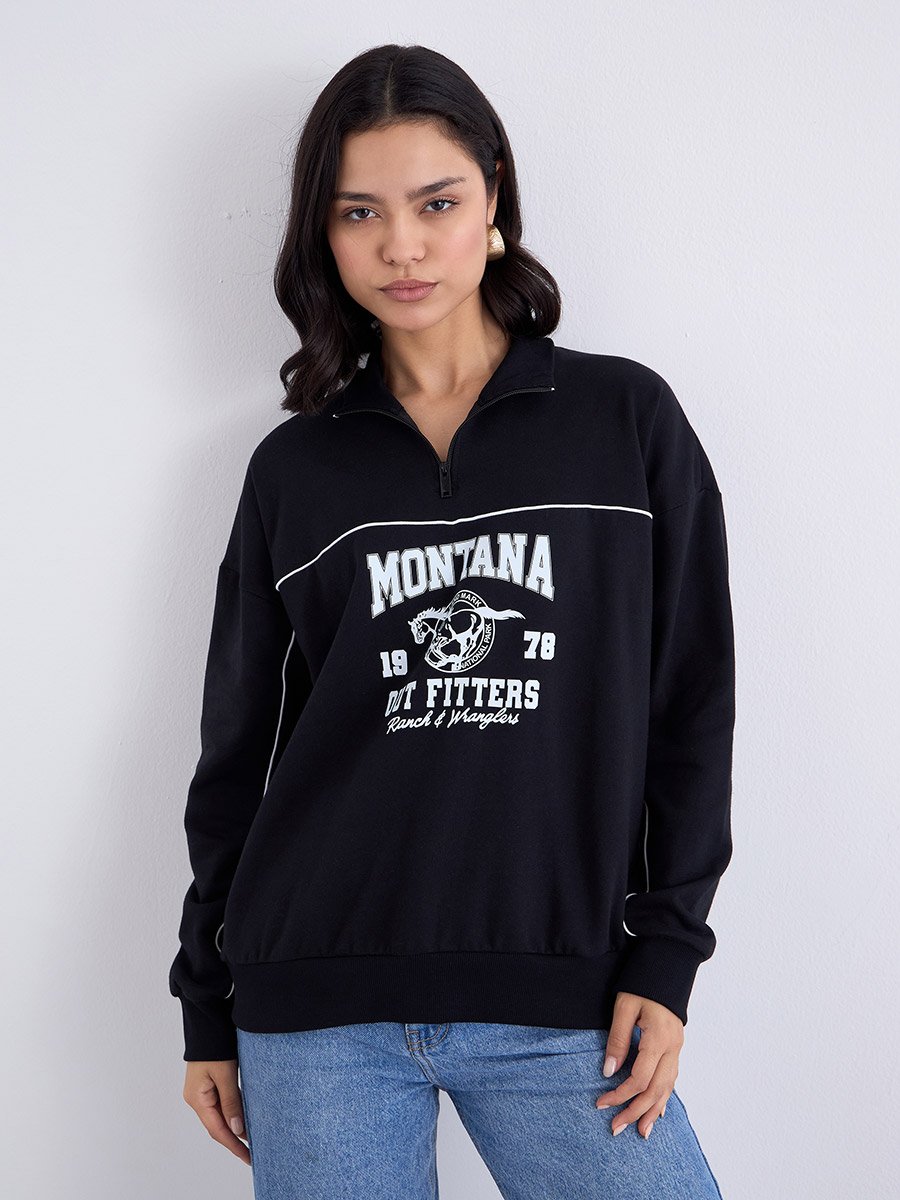 Oversized Regular Length Slogan Half Zip Sweatshirt with Contrast Detailing