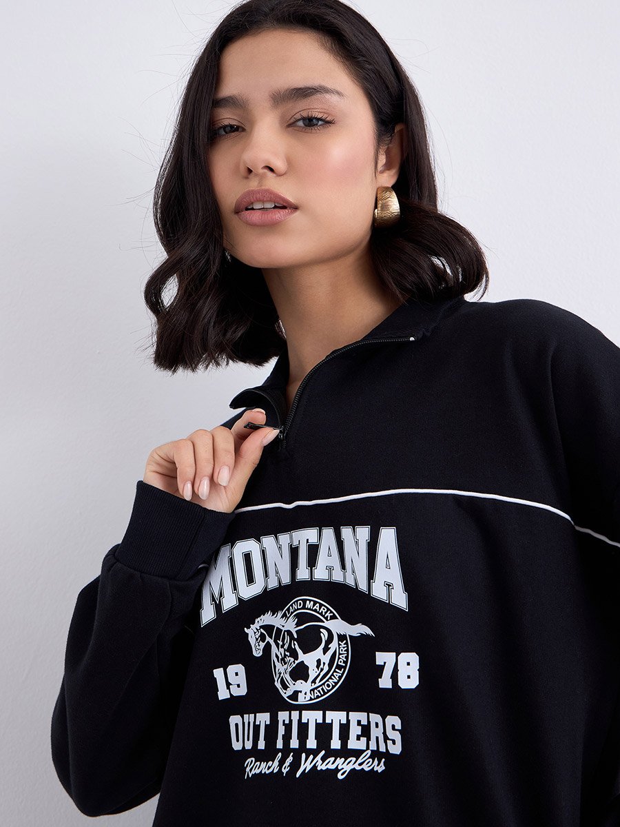 Oversized Regular Length Slogan Half Zip Sweatshirt with Contrast Detailing