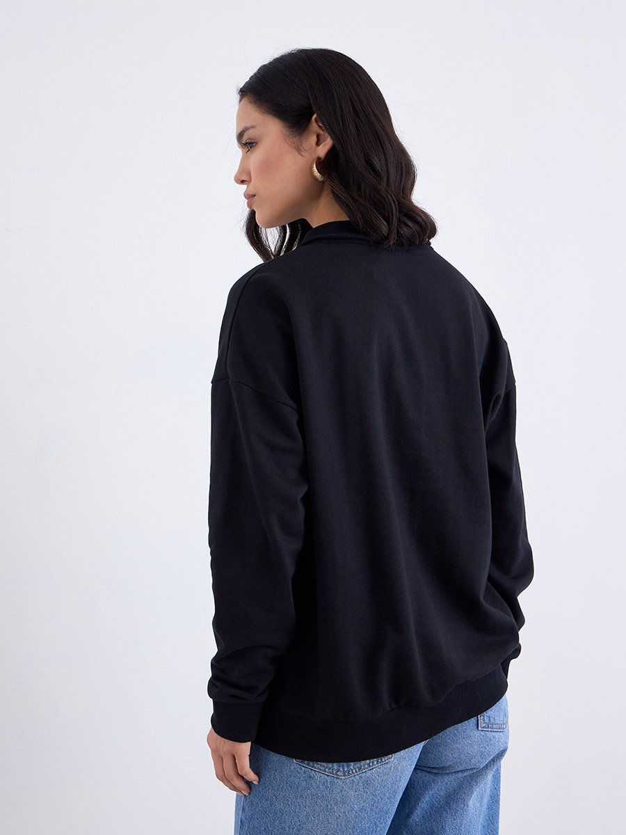 Oversized Regular Length Slogan Half Zip Sweatshirt with Contrast Detailing