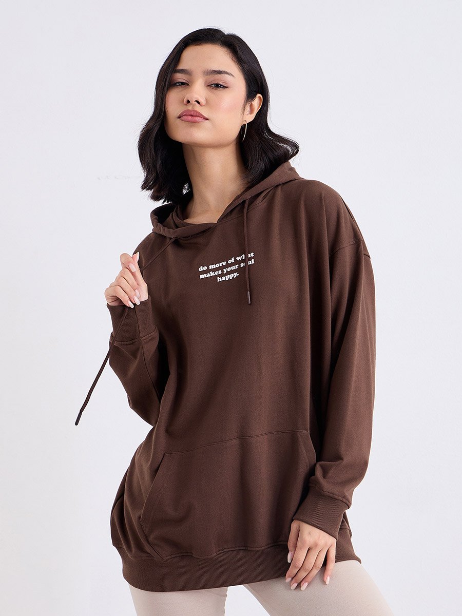 Oversized Longline Slogan Print Hoodie