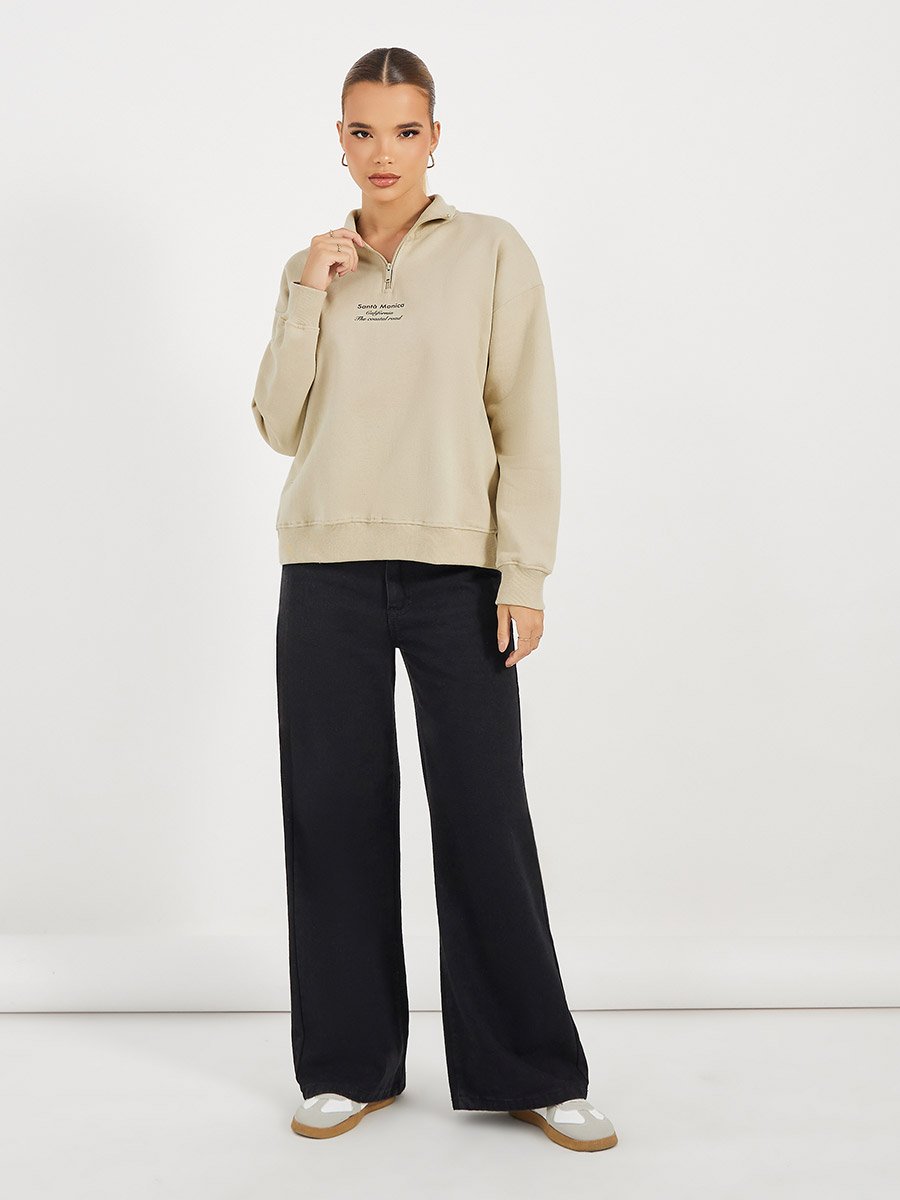 Regular Fit Half Zip Slogan Sweatshirt