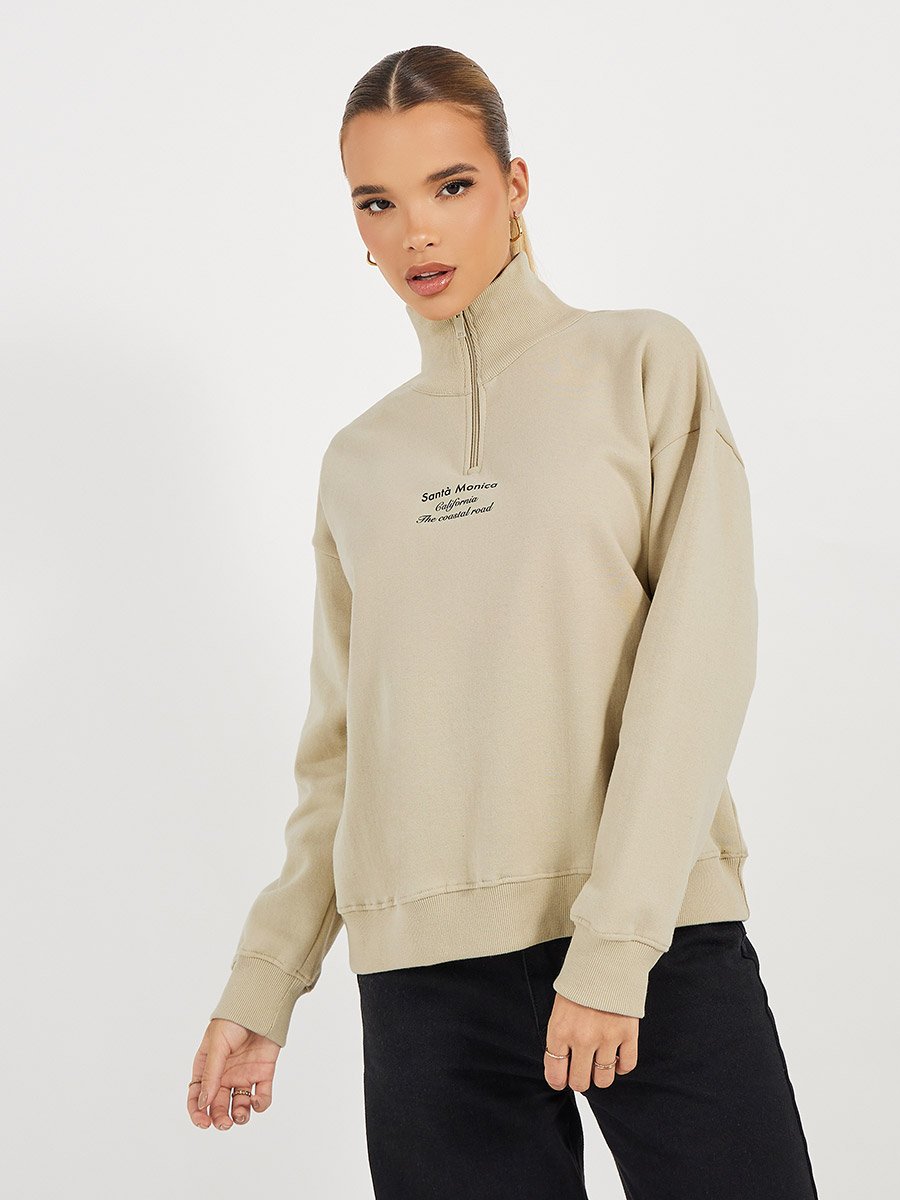 Regular Fit Half Zip Slogan Sweatshirt