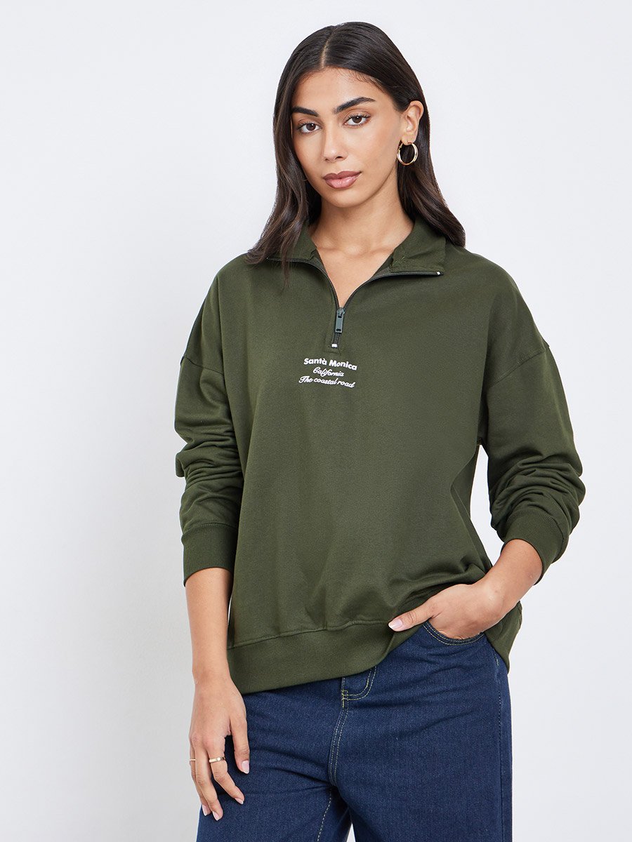 Regular Fit Half Zip Slogan Sweatshirt
