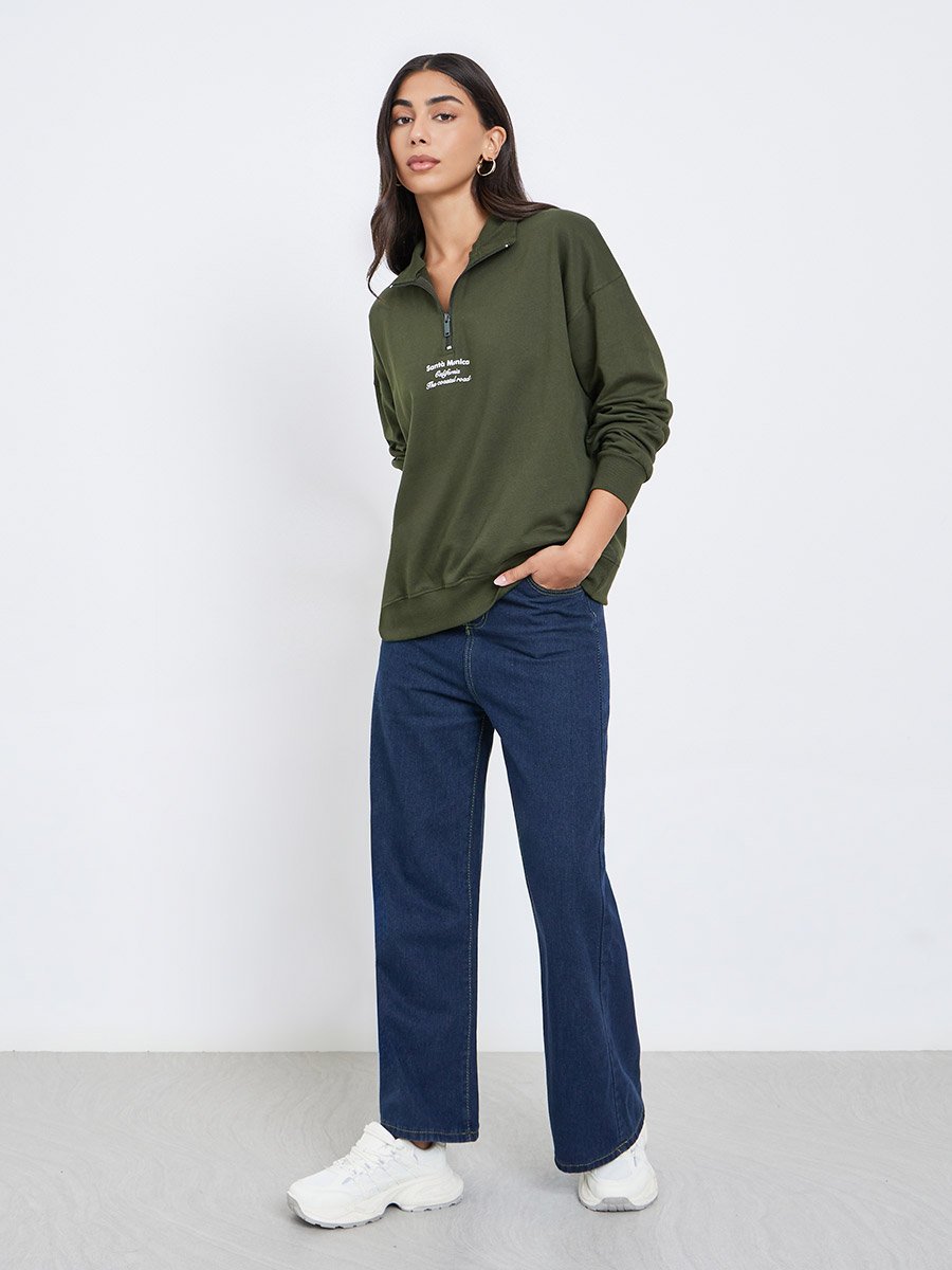 Regular Fit Half Zip Slogan Sweatshirt