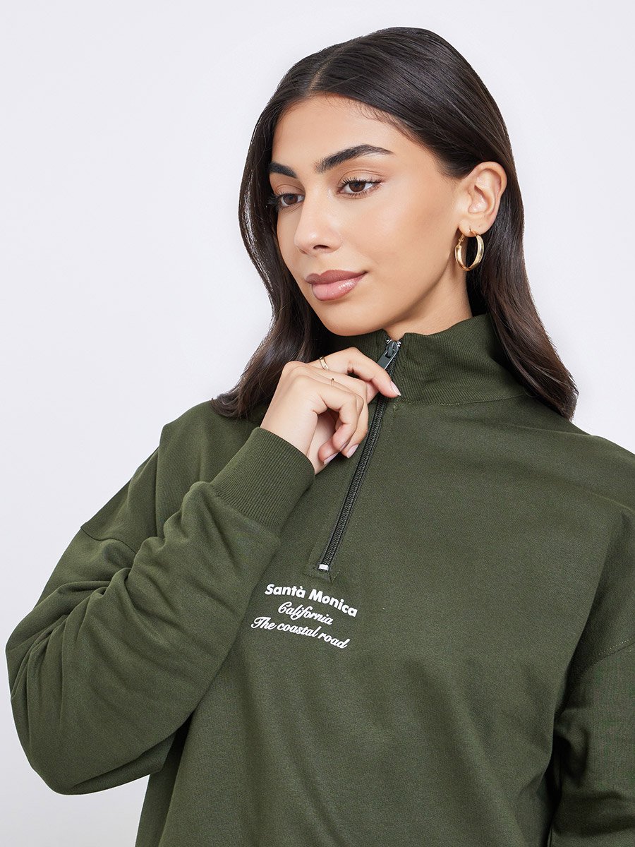 Regular Fit Half Zip Slogan Sweatshirt