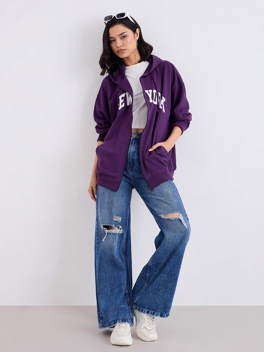 Oversized Zip Through New York Print Hoodie