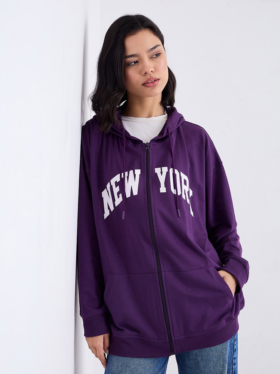 Oversized Zip Through New York Print Hoodie