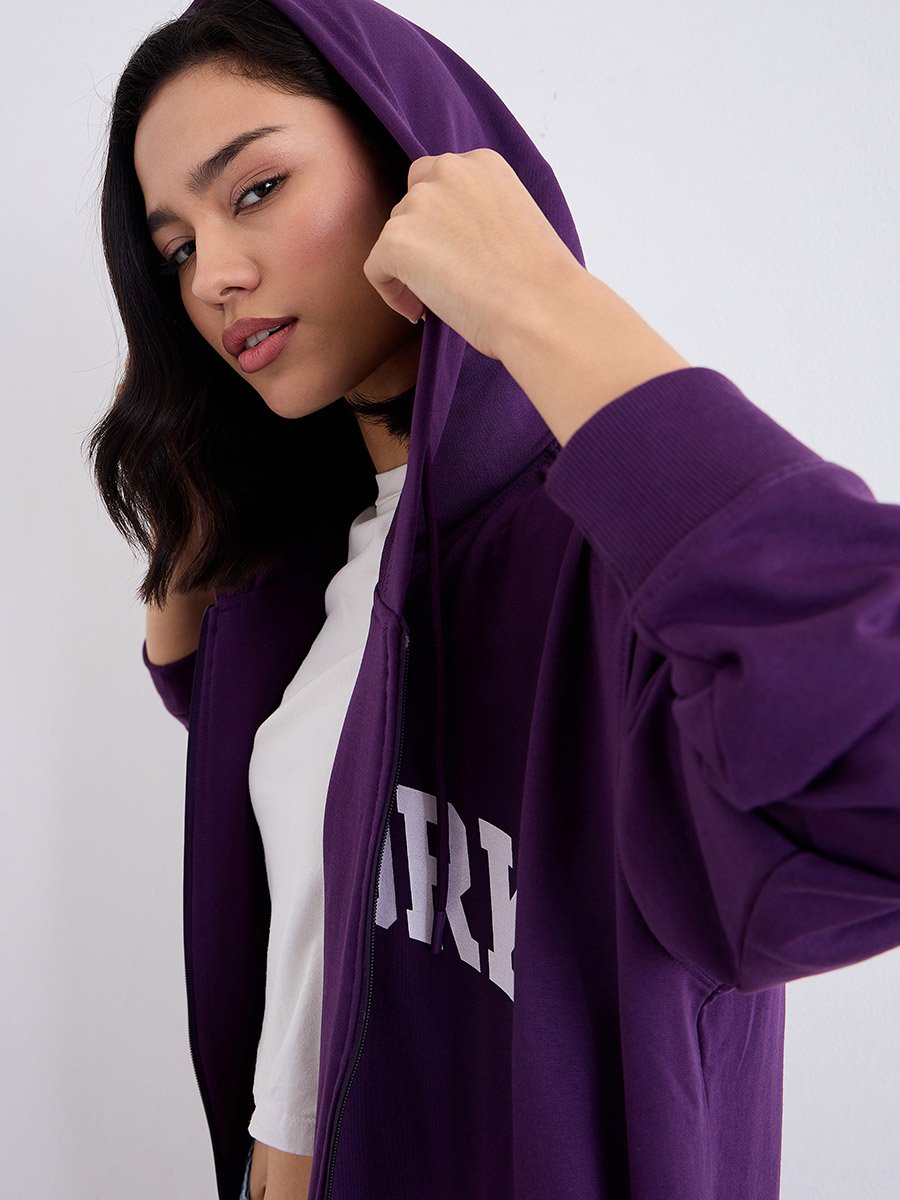 Oversized Zip Through New York Print Hoodie