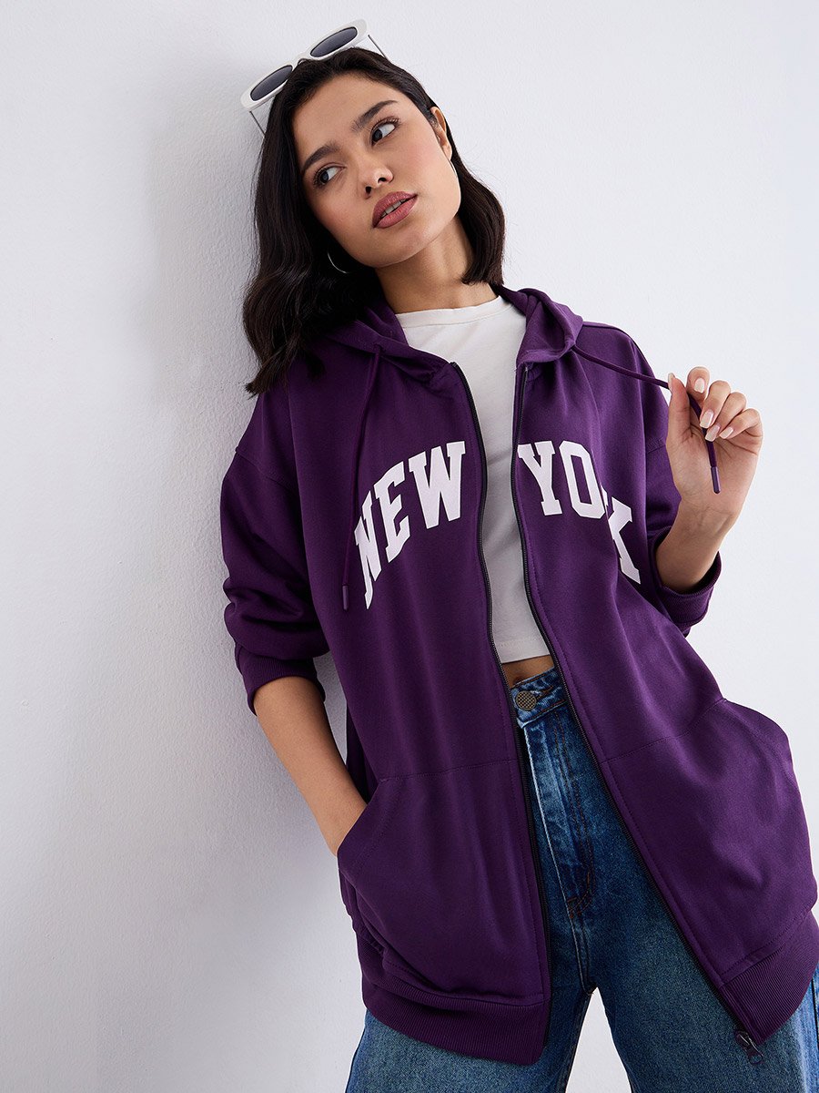 Oversized Zip Through New York Print Hoodie For Women at Saudi | Styli