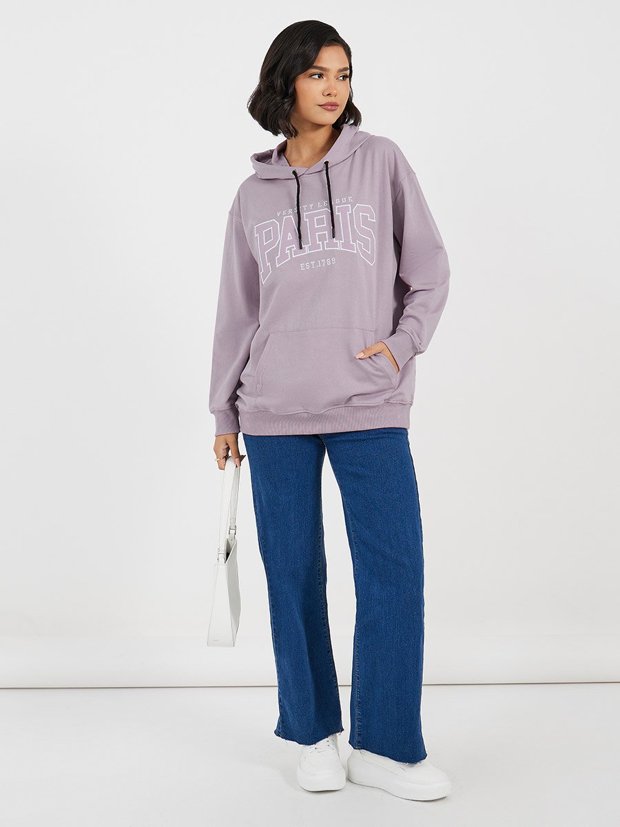 Regular Fit Longline Embroidered Slogan Hoodie