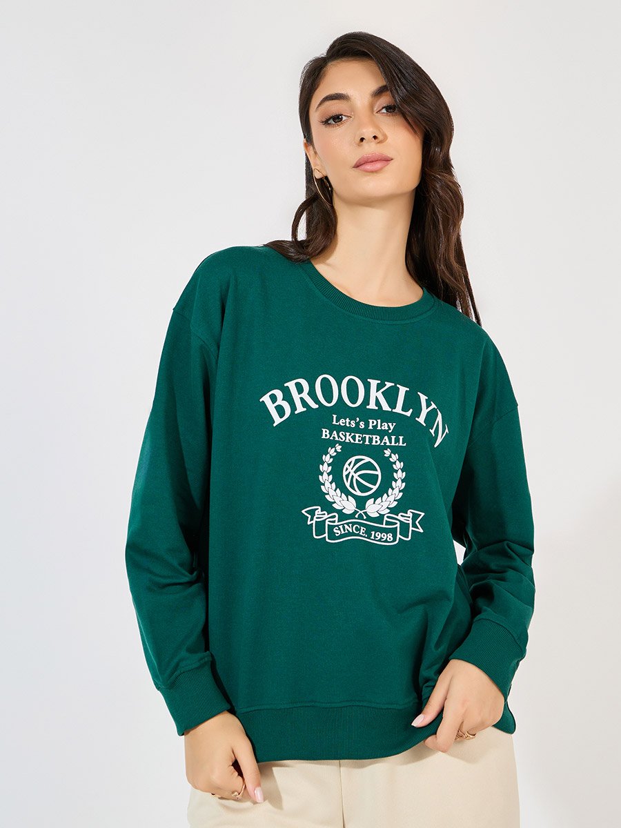 Regular Fit Longline Graphic Sweatshirt with Neck Rib Detail