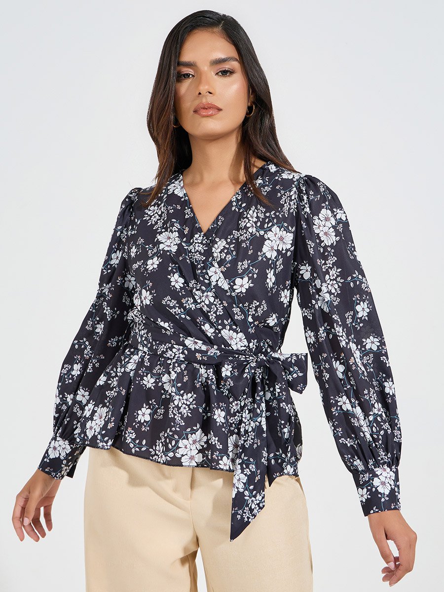 Floral Print Wrap Top with Volume Cuffed Sleeves