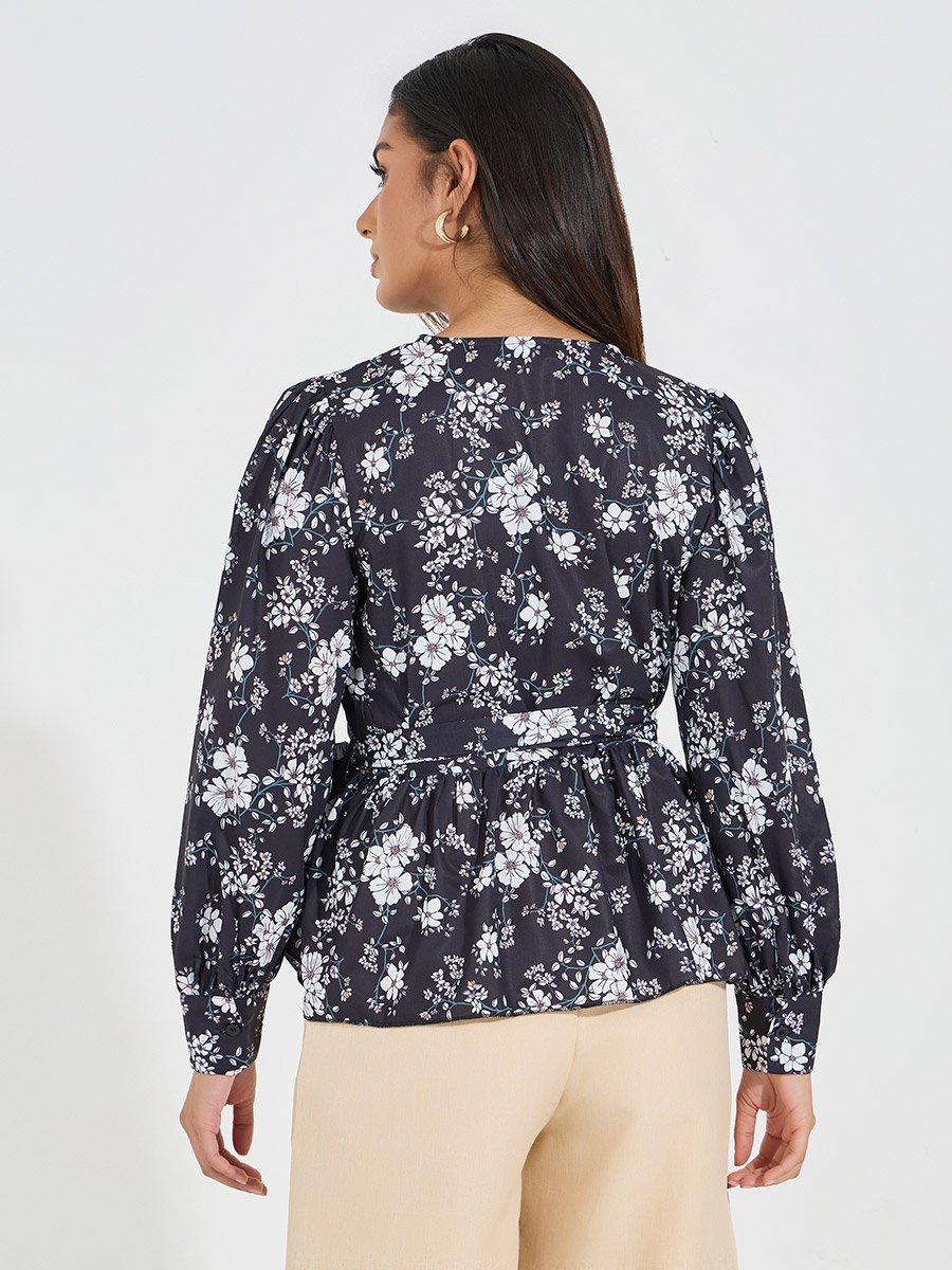 Floral Print Wrap Top with Volume Cuffed Sleeves