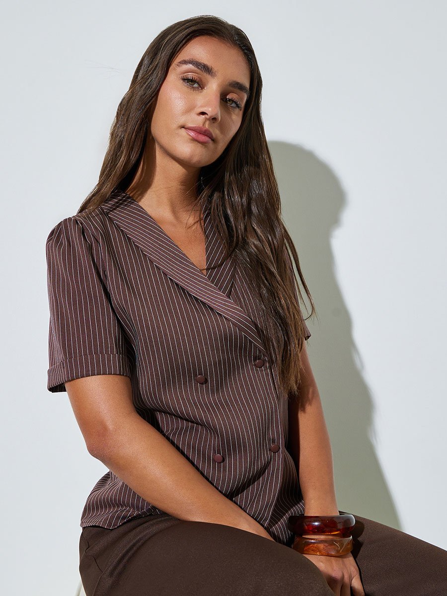 Brown Striped Lapel Collar Wrap Top with Double-Breasted Button