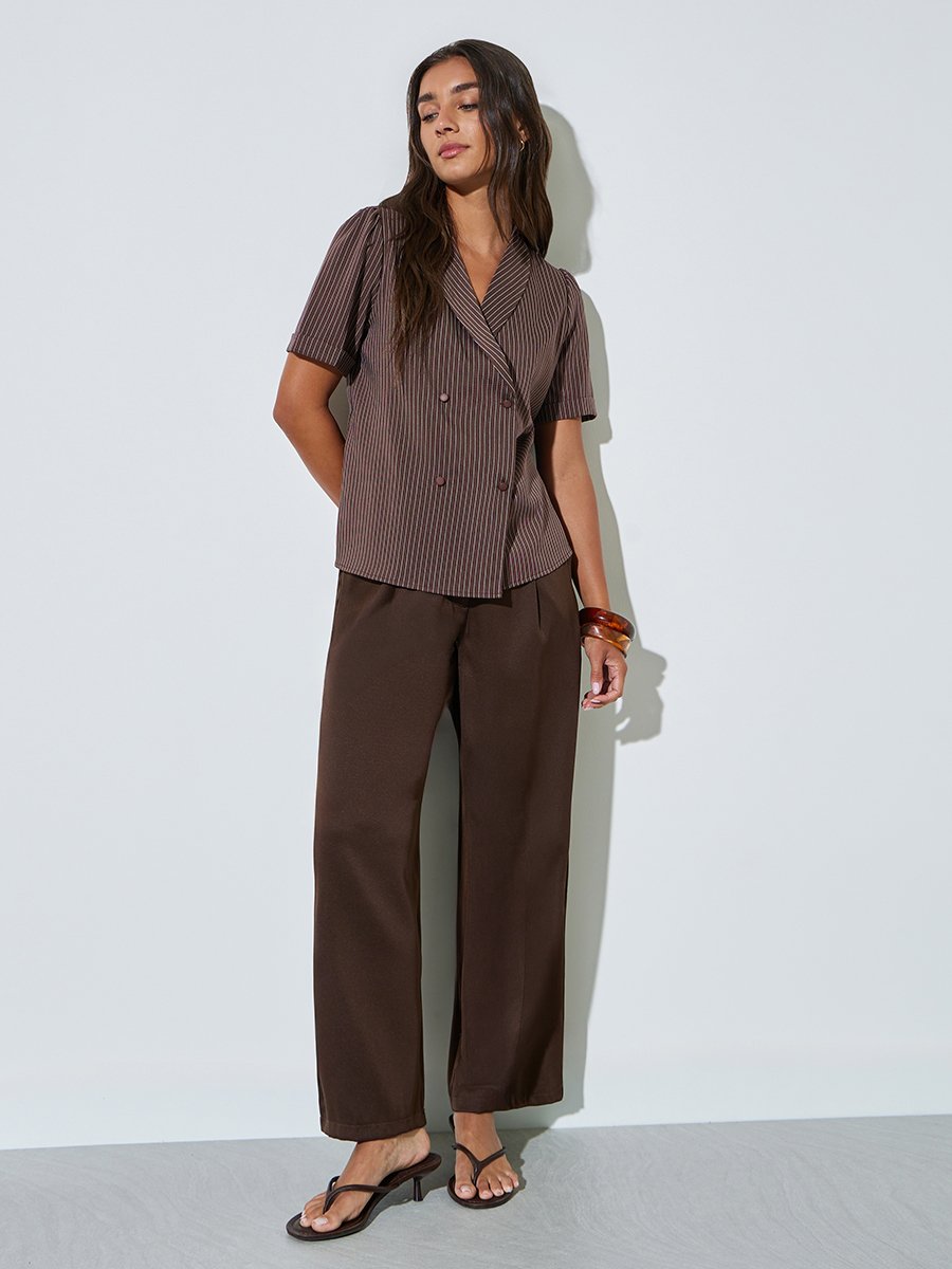 Brown Striped Lapel Collar Wrap Top with Double-Breasted Button