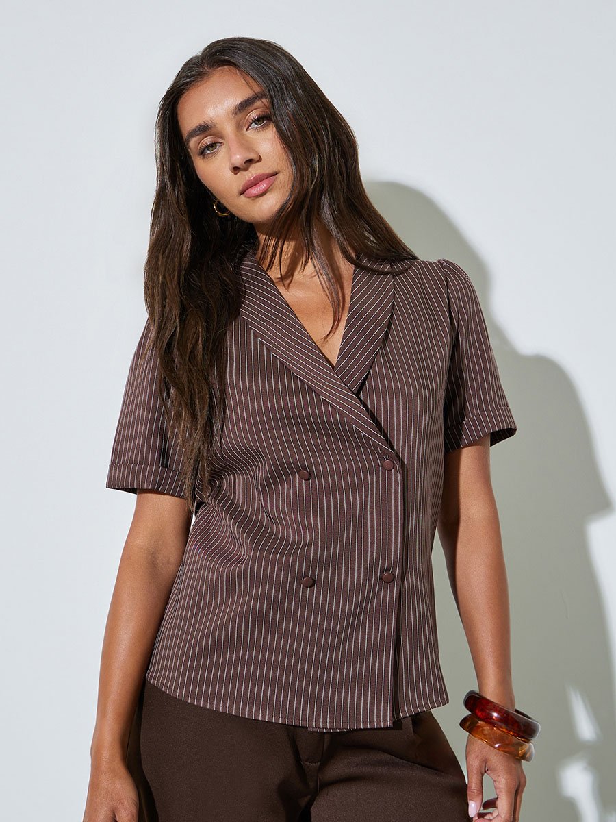 Brown Striped Lapel Collar Wrap Top with Double-Breasted Button