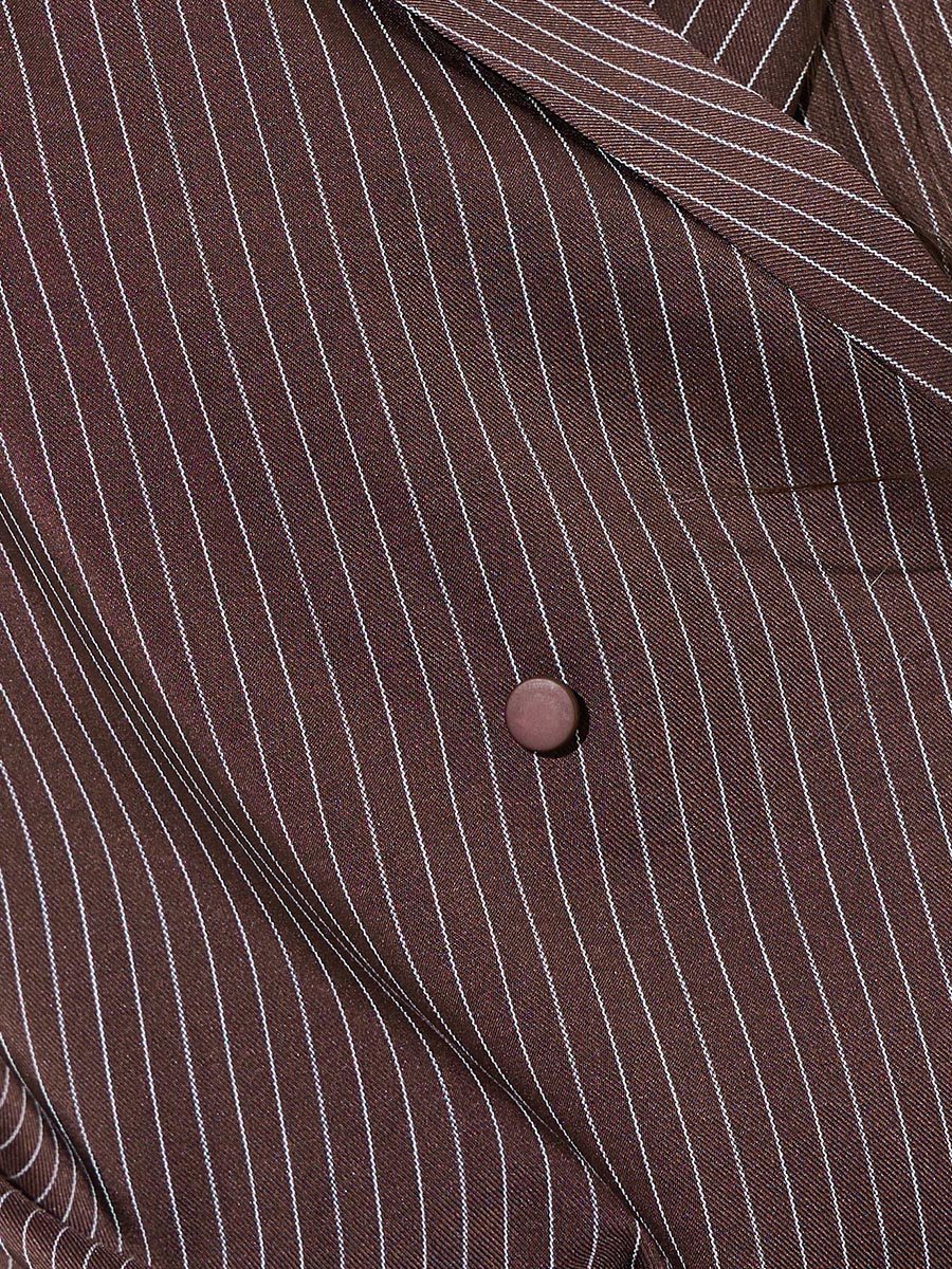 Brown Striped Lapel Collar Wrap Top with Double-Breasted Button
