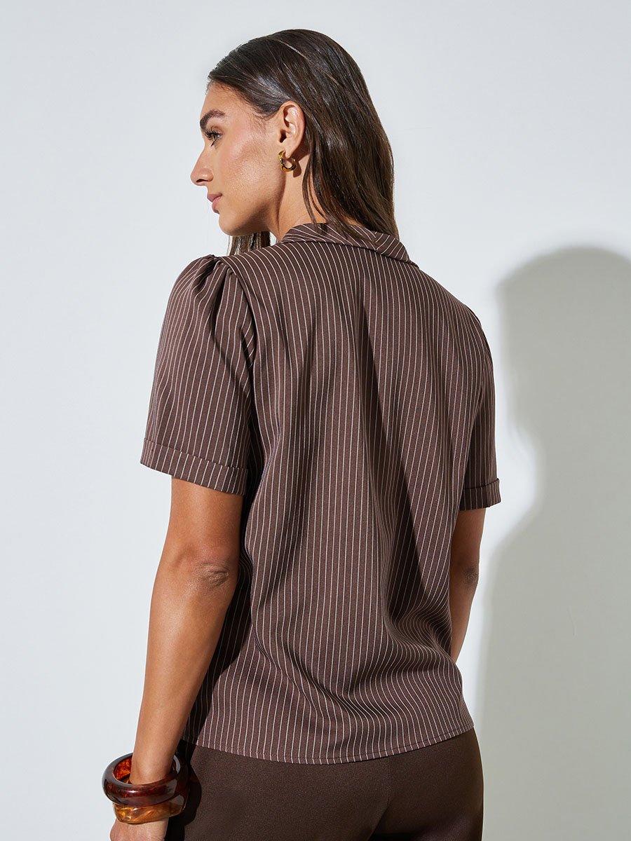 Brown Striped Lapel Collar Wrap Top with Double-Breasted Button