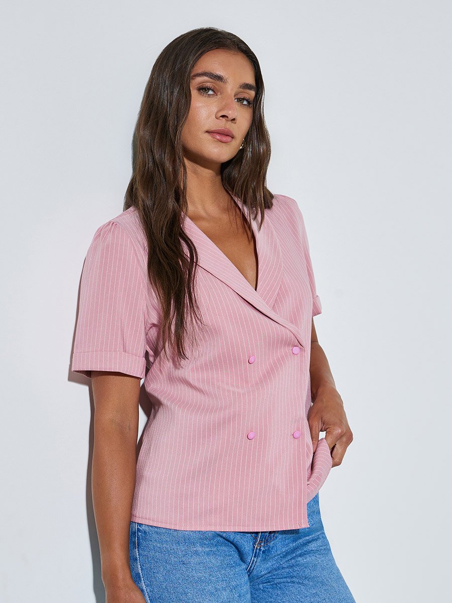 Pink Striped Lapel Collar Wrap Top with Double-Breasted Button