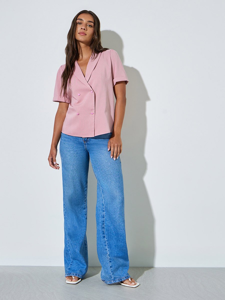 Pink Striped Lapel Collar Wrap Top with Double-Breasted Button
