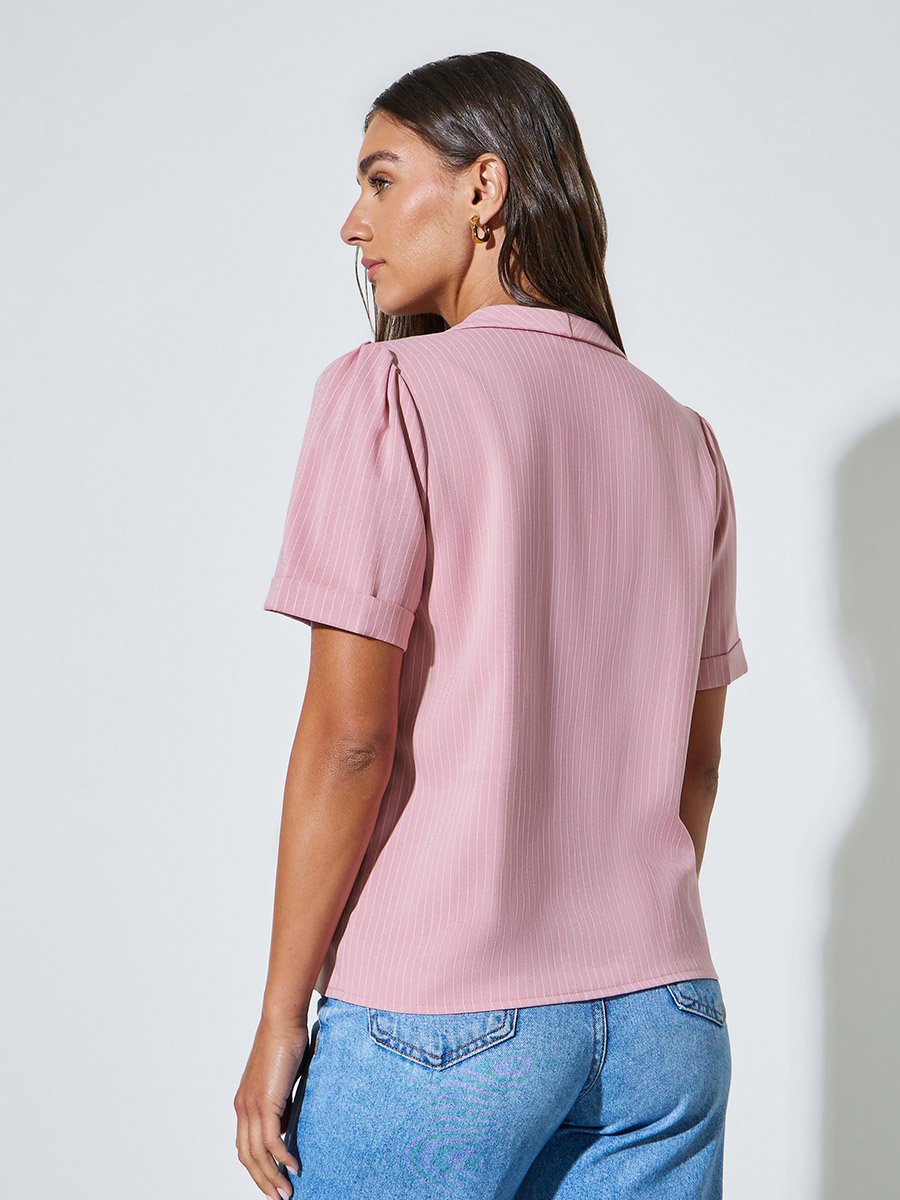 Pink Striped Lapel Collar Wrap Top with Double-Breasted Button