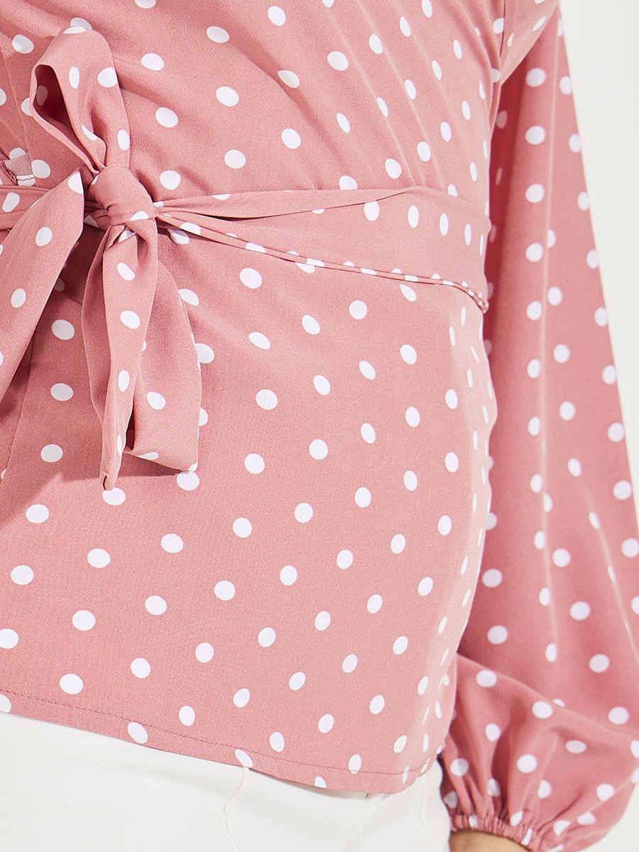 Polka Dot Print Wrap Top with Tie Waist Detail